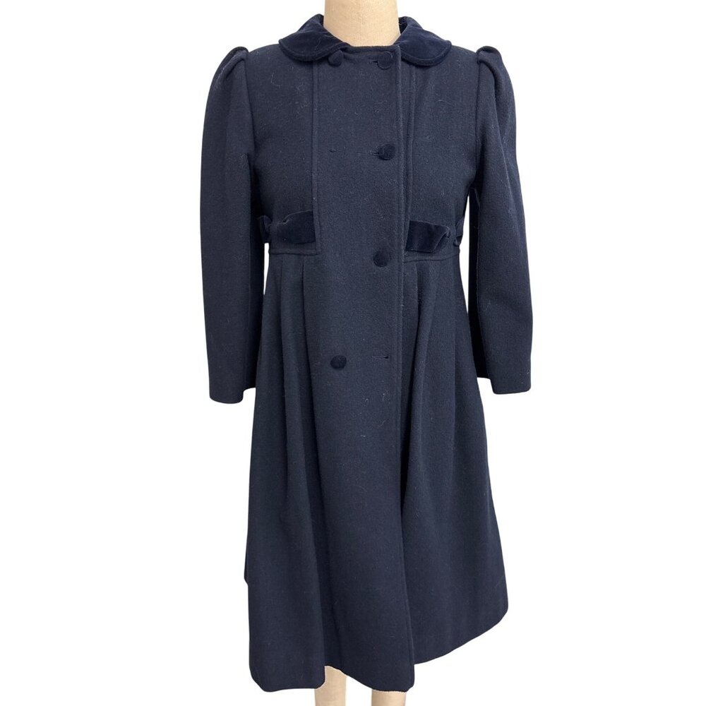 Vintage Girls Young Gallery Wool Coat With Velvet Trim Navy Blue Double-Breasted